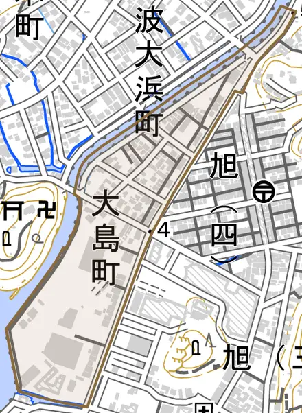 大島町とその周辺の地図。町の範囲を重ねている