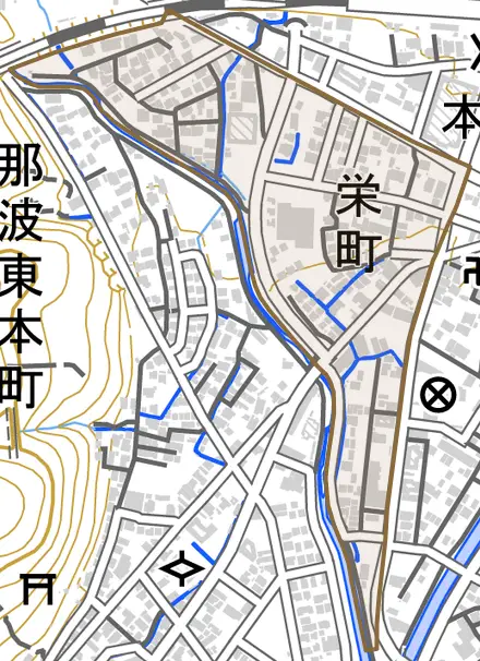 栄町とその周辺の地図。町の範囲を重ねている