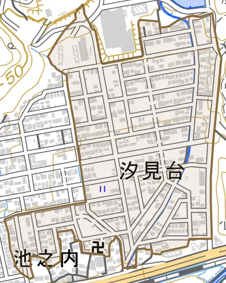 汐見台とその周辺の地図。町の範囲を重ねている