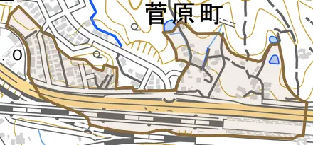 菅原町とその周辺の地図。町の範囲を重ねている