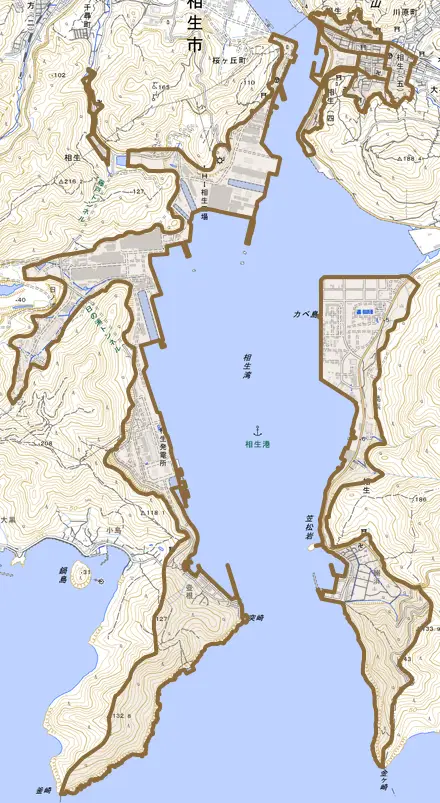 相生とその周辺の地図。町の範囲を重ねている