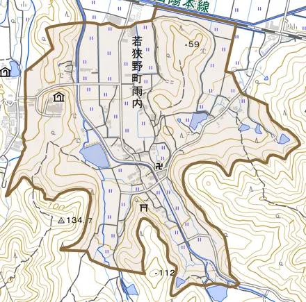 若狭野町雨内とその周辺の地図。町の範囲を重ねている