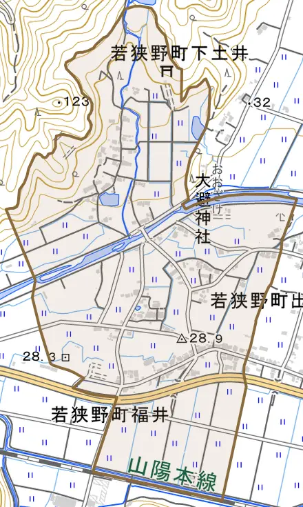 若狭野町福井とその周辺の地図。町の範囲を重ねている