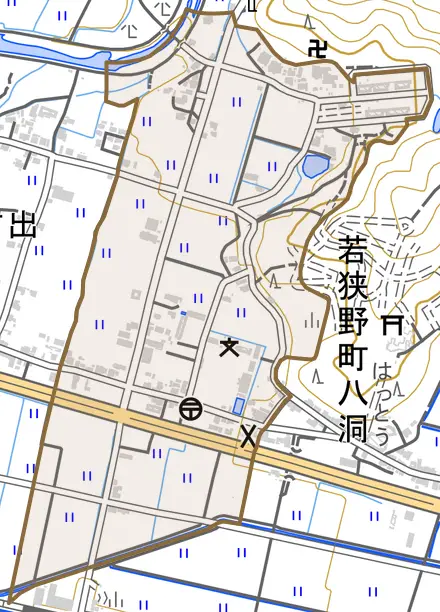 若狭野町八洞とその周辺の地図。町の範囲を重ねている