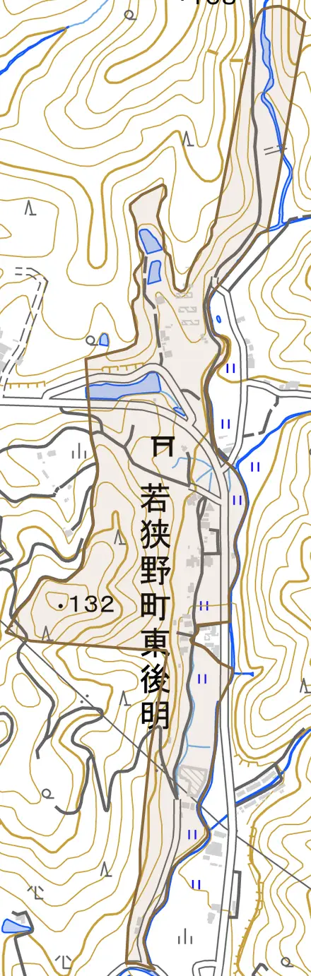 若狭野町東後明とその周辺の地図。町の範囲を重ねている