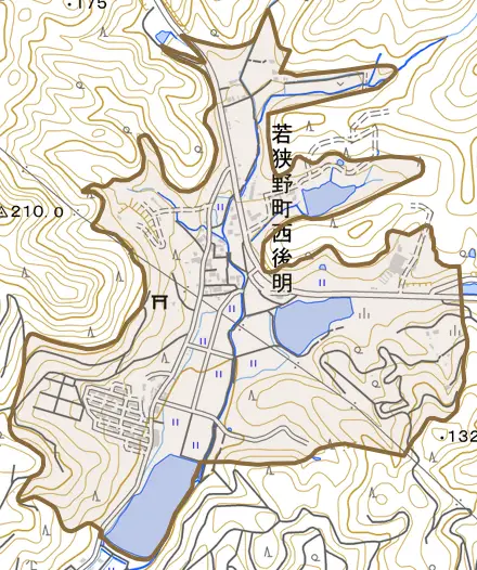 若狭野町西後明とその周辺の地図。町の範囲を重ねている