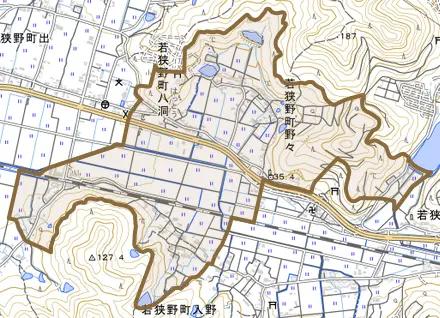 若狭野町野々とその周辺の地図。町の範囲を重ねている