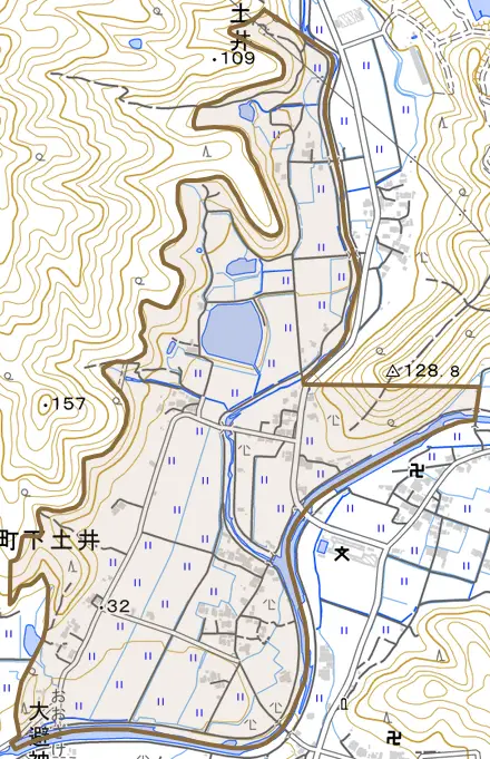 若狭野町下土井とその周辺の地図。町の範囲を重ねている