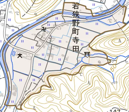 若狭野町寺田とその周辺の地図。町の範囲を重ねている
