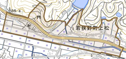 若狭野町上松とその周辺の地図。町の範囲を重ねている