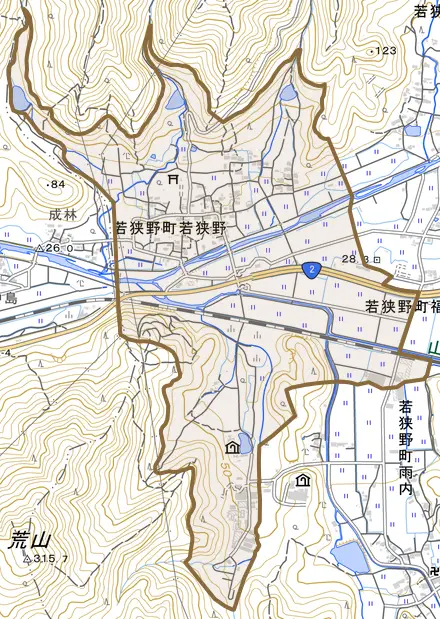 若狭野町若狭野とその周辺の地図。町の範囲を重ねている