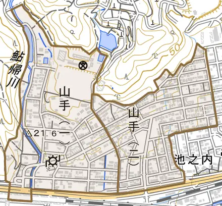 山手とその周辺の地図。町の範囲を重ねている