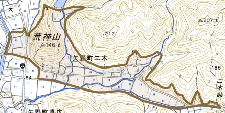 矢野町二木とその周辺の地図。町の範囲を重ねている