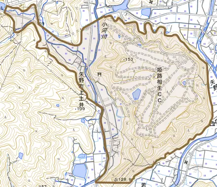 矢野町上土井とその周辺の地図。町の範囲を重ねている