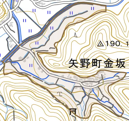 矢野町金坂とその周辺の地図。町の範囲を重ねている