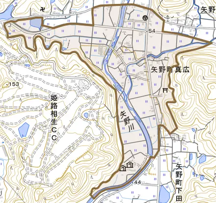 矢野町真広とその周辺の地図。町の範囲を重ねている