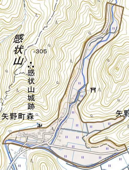 矢野町森とその周辺の地図。町の範囲を重ねている