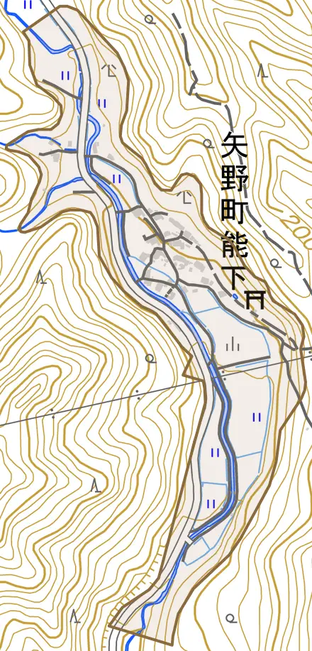 矢野町能下とその周辺の地図。町の範囲を重ねている