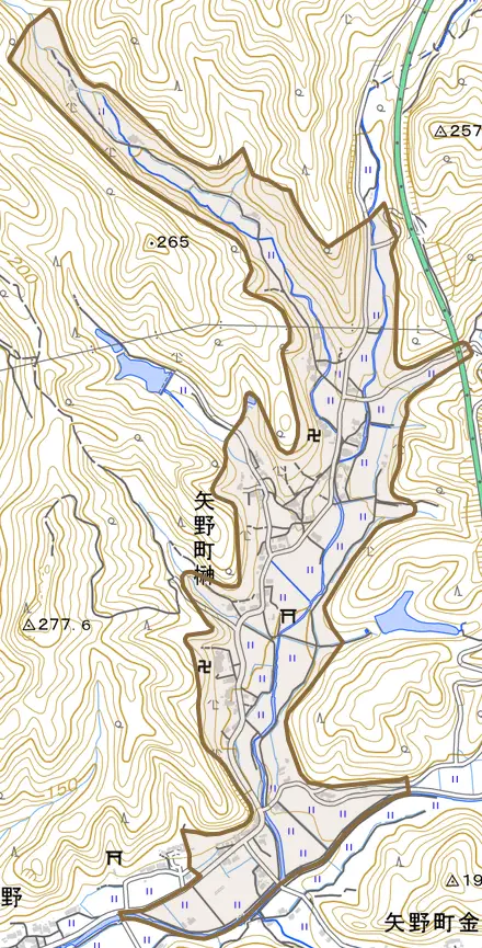 矢野町榊とその周辺の地図。町の範囲を重ねている