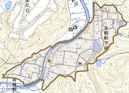 矢野町下田とその周辺の地図。町の範囲を重ねている