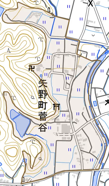 矢野町菅谷とその周辺の地図。町の範囲を重ねている