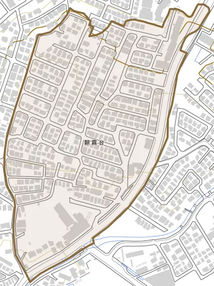 朝霧台とその周辺の地図。町の範囲を重ねている