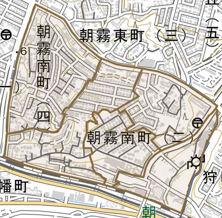 朝霧南町とその周辺の地図。町の範囲を重ねている