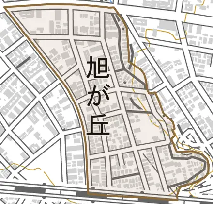 旭が丘とその周辺の地図。町の範囲を重ねている