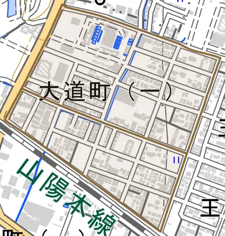 大道町とその周辺の地図。町の範囲を重ねている