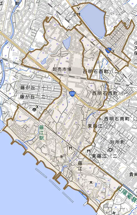藤江とその周辺の地図。町の範囲を重ねている