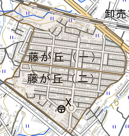 藤が丘とその周辺の地図。町の範囲を重ねている