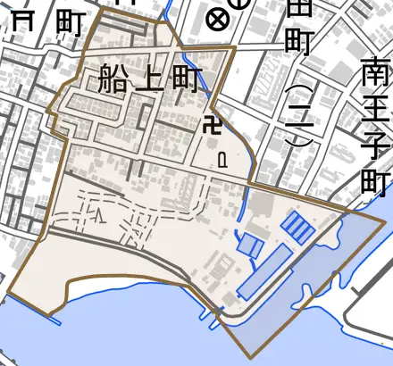 船上町とその周辺の地図。町の範囲を重ねている