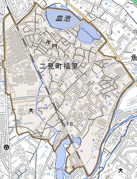 二見町福里とその周辺の地図。町の範囲を重ねている