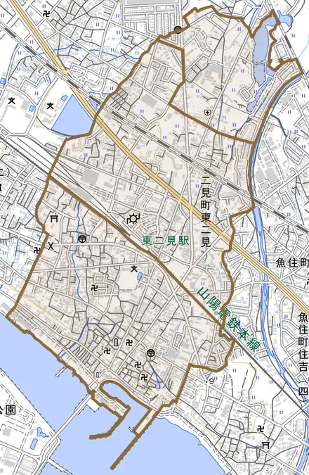 二見町東二見とその周辺の地図。町の範囲を重ねている