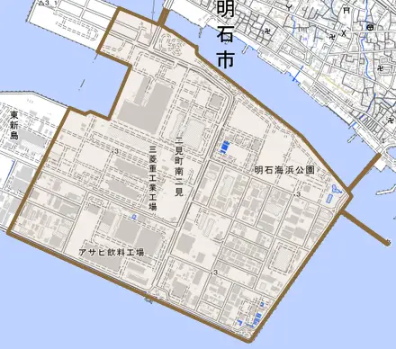二見町南二見とその周辺の地図。町の範囲を重ねている