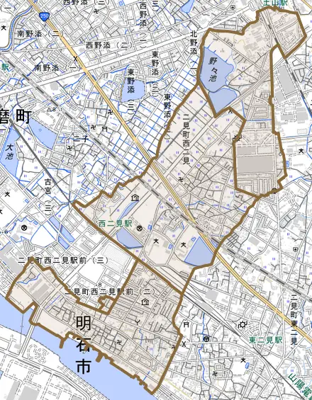 二見町西二見とその周辺の地図。町の範囲を重ねている