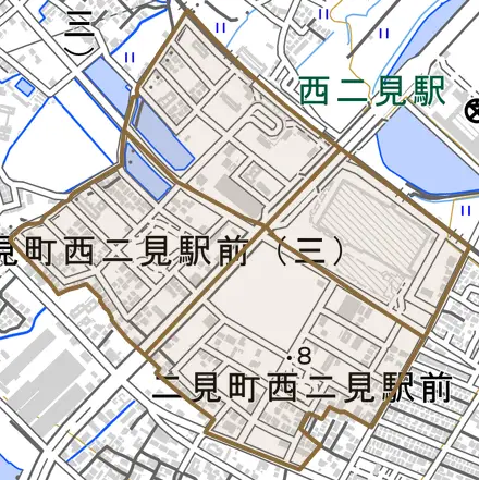 二見町西二見駅前とその周辺の地図。町の範囲を重ねている