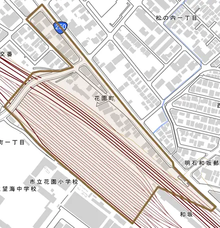 花園町とその周辺の地図。町の範囲を重ねている