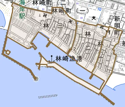 林とその周辺の地図。町の範囲を重ねている