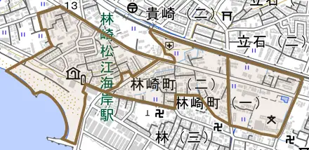 林崎町とその周辺の地図。町の範囲を重ねている