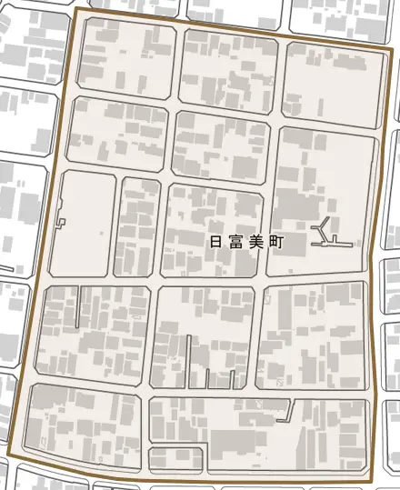 日富美町とその周辺の地図。町の範囲を重ねている