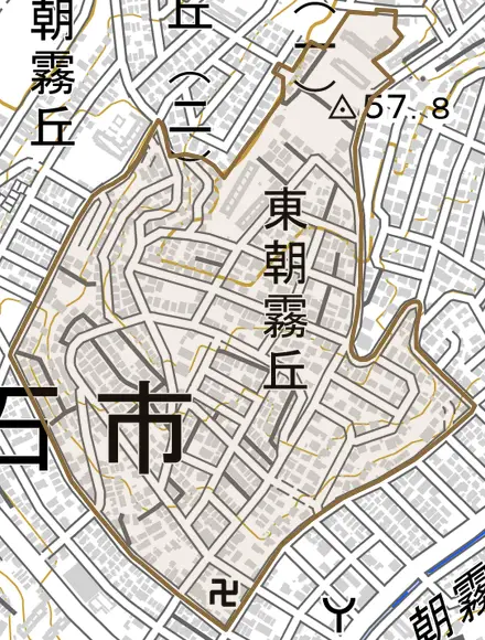 東朝霧丘とその周辺の地図。町の範囲を重ねている