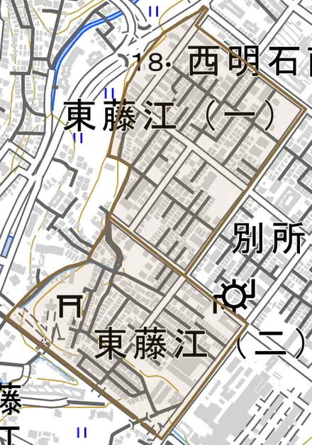 東藤江とその周辺の地図。町の範囲を重ねている