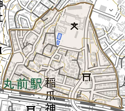 東人丸町とその周辺の地図。町の範囲を重ねている
