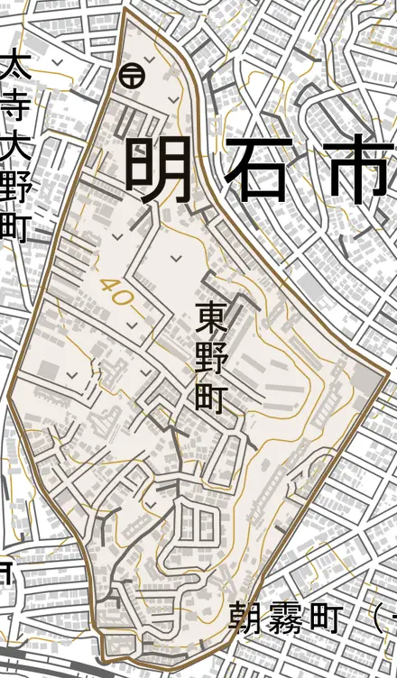 東野町とその周辺の地図。町の範囲を重ねている