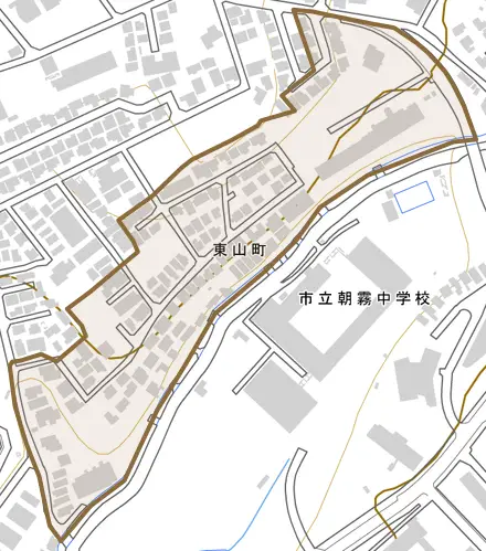 東山町とその周辺の地図。町の範囲を重ねている