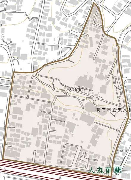 人丸町とその周辺の地図。町の範囲を重ねている