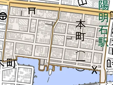 本町とその周辺の地図。町の範囲を重ねている