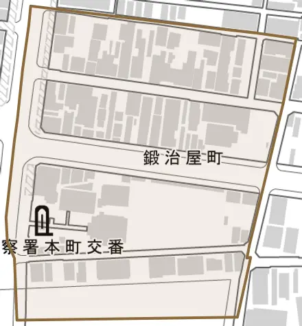 鍛治屋町とその周辺の地図。町の範囲を重ねている