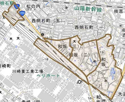 和坂とその周辺の地図。町の範囲を重ねている